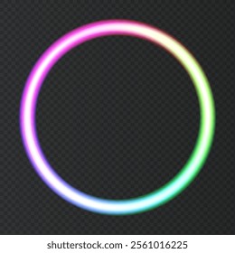 Сolorful neon round frame. Christmas lights effects isolated on black transparent background. Shining pink and green circle with magic glitter sparkles. Vector design element.