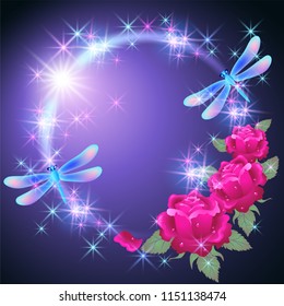 Neon round frame with dragonfly and golden ornament, pink roses with shiny smoke and glowing stars