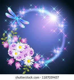Neon round frame with dragonfly and meadow daisy and bells flowers with glowing stars