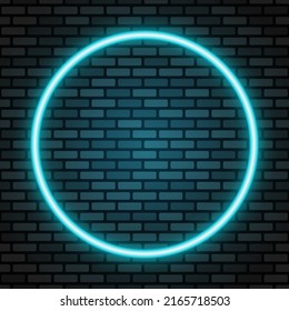 Neon round frame. Glowing frame with empty space for text on dark brick wall. Best for polygraphy, print  and web design. EPS 10.