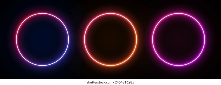 Marco redondo de neón. Borde de círculo led degradado sobre fondo negro. Anillo de Anuncio futurista 3d. Plantilla con esferas láser brillantes. Portales fluorescentes eléctricos.