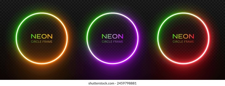 Neon round frame. Gradient light circle. Led ring glow. Laser spheres for design with text. Fluorescent electrical circuit of geometric shapes.