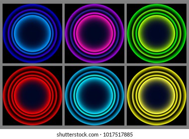 Neon round frame. Shining circle banner. Vector illustration. Round neon frames set