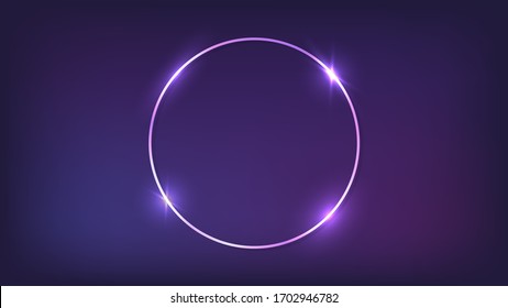 Neon round frame with shining effects on dark background. Empty glowing techno backdrop. Vector illustration.