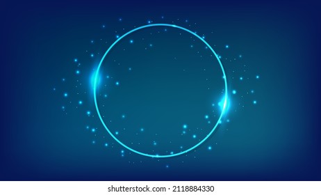 Neon round frame with shining effects and sparkles on dark background. Empty glowing techno backdrop. Vector illustration
