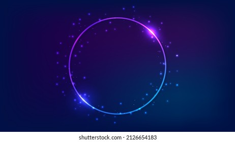 Neon round frame with shining effects and sparkles on dark background. Empty glowing techno backdrop. Vector illustration
