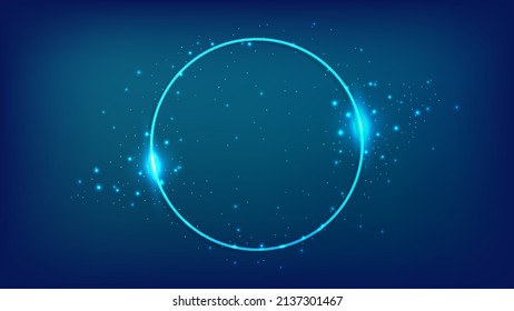 Marco neón redondo con efectos brillantes y destellos sobre fondo oscuro. Fondo tecno brillante vacío. Ilustración del vector