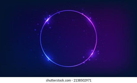 Neon round frame with shining effects and sparkles on dark background. Empty glowing techno backdrop. Vector illustration