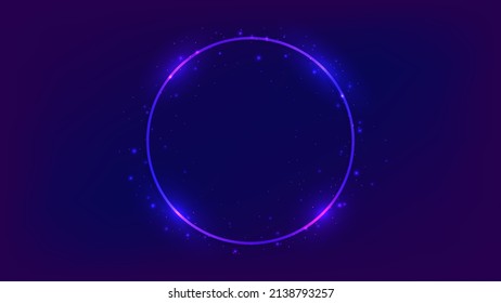 Neon round frame with shining effects and sparkles on dark background. Empty glowing techno backdrop. Vector illustration