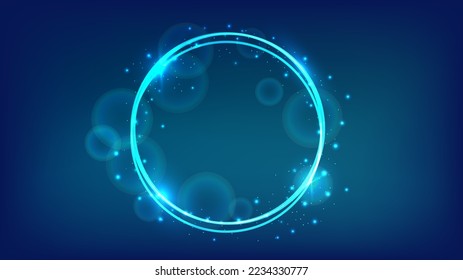 Neon round frame with shining effects and sparkles on dark background. Empty glowing techno backdrop. Vector illustration