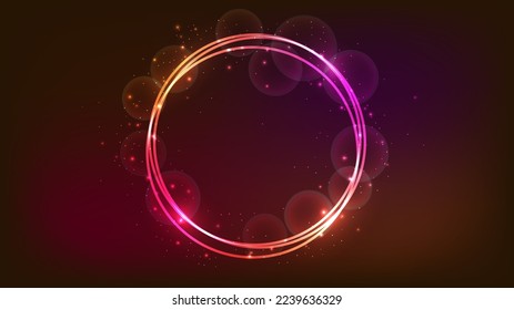 Neon round frame with shining effects and sparkles on dark background. Empty glowing techno backdrop. Vector illustration