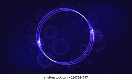 Neon round frame with shining effects and sparkles on dark background. Empty glowing techno backdrop. Vector illustration