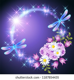 Neon round frame with two dragonfly and meadow daisy and bells flowers with glowing stars