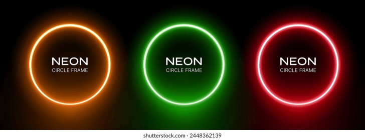 Neon round gradient. Ring frame with glow on a black background. Green, red and orange laser led circles. Set of illuminating geometric electrical spheres.