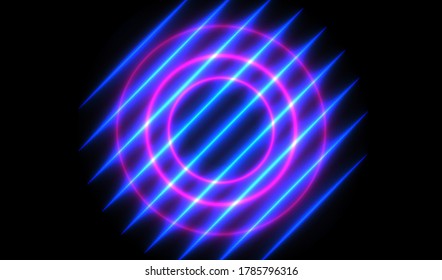 Fondo láser redondeado de neón. Señal eléctrica azul retro y rosa. Símbolo brillante ideal para discoteca club. Diseño para tu afiche tecno. Anillo futurista vectorial.