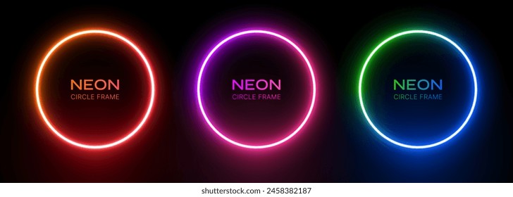 Neon round light. Circle frame with glow on a black background. Led ring gradient orange-red, purple-pink and green-blue colors. 3d laser electric portal. Vector template border for design with text.