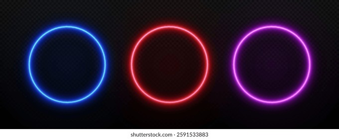 Neon round light. Frame circle with led glow. Set of laser rings for design isolated on transparent background.