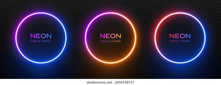 Neon round light frame. Ring border with laser glow. Led circle like a portal on a black background. Bright gradient template for design with text.