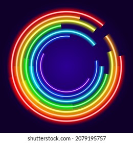 neon round rainbow circle. Neon round abstract border.it glows in the dark with different bright contours of red and blue in the shape of a circle, green for a design template