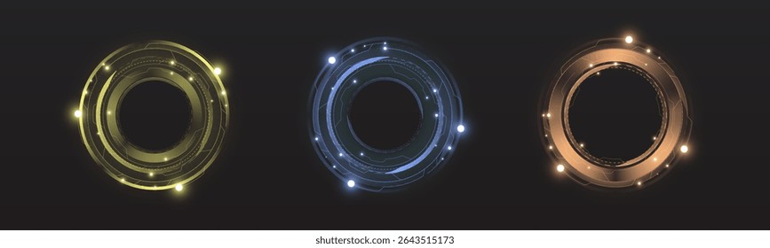 Elementos de interface HUD estilo Neon round sci-fi. Conjunto de três anéis tecnológicos holográficos com acentos brilhantes em um fundo escuro.