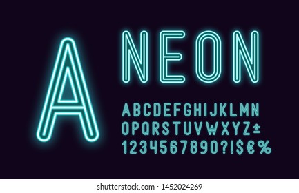 Neon rounded alphabet, Azure color. Neon outlined Font, set of monochrome glowing letters, numbers, currency and different signs, symbols. Vector typeface for typography design