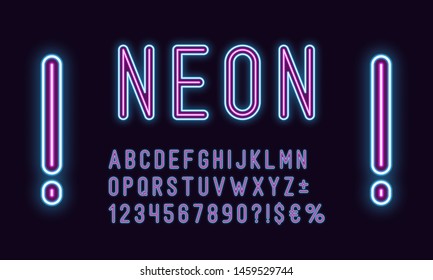 Neon rounded alphabet, Blue Purple color. Neon outlined Font, set of duotone glowing letters, numbers, currency and different signs, symbols. Vector typeface for typography design