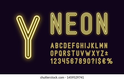 Neon rounded alphabet, Yellow color. Neon outlined Font, set of monochrome glowing letters, numbers, currency and different signs, symbols. Vector typeface for typography design