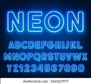 Neon rounded blue font  glowing alphabet and numbers 