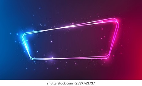 Neon rounded double frame with shining effects and sparkles on purple background. Empty glowing techno backdrop. Vector illustration