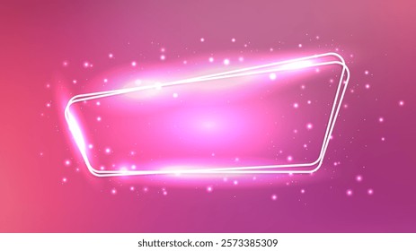Neon rounded double frame with shining effects and sparkles on red background. Empty glowing techno backdrop. Vector illustration