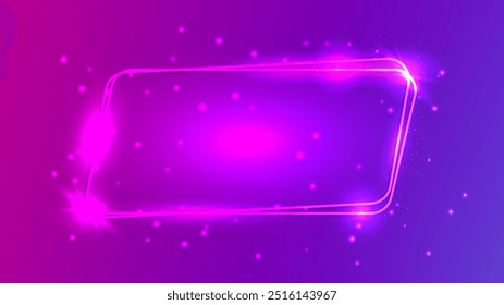 Neon rounded double parallelogram frame with shining effects and sparkles on dark purple background. Empty glowing techno backdrop. Vector illustration