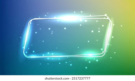 Neon rounded double parallelogram frame with shining effects and sparkles on green background. Empty glowing techno backdrop. Vector illustration