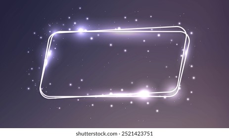 Neongerundeter Doppelparallelogrammrahmen mit glänzenden Effekten und funkelndem Hintergrund. Leere glühende Techno-Kulisse. Vektorgrafik