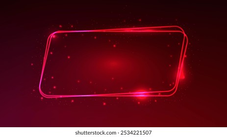 Neon rounded double parallelogram frame with shining effects and sparkles on dark red background. Empty glowing techno backdrop. Vector illustration