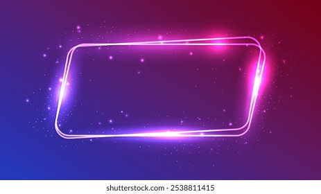 Quadro de paralelogramo duplo arredondado neon com efeitos brilhantes e brilhos no fundo roxo escuro. Fundo de tecno brilhante vazio. Ilustração vetorial