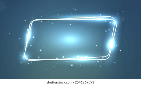 Neon rounded double parallelogram frame with shining effects and sparkles on dark background. Empty glowing techno backdrop. Vector illustration