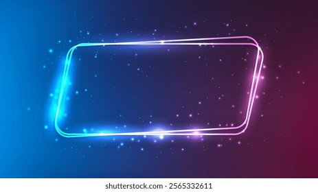 Neon rounded double parallelogram frame with shining effects and sparkles on dark purple background. Empty glowing techno backdrop. Vector illustration