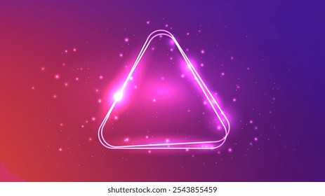 Neon rounded double triangle frame with shining effects and sparkles on purple background. Empty glowing techno backdrop. Vector illustration