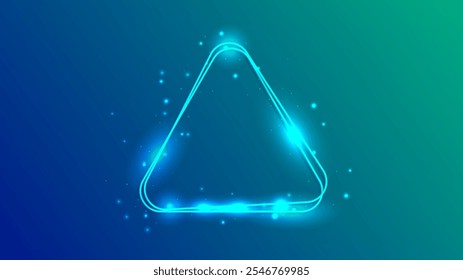 Neon rounded double triangle frame with shining effects and sparkles on green background. Empty glowing techno backdrop. Vector illustration