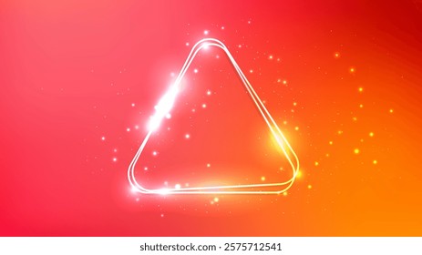 Neon rounded double triangle frame with shining effects and sparkles on orange background. Empty glowing techno backdrop. Vector illustration