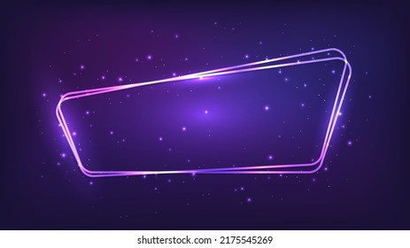 Marco neón redondeado con efectos brillantes y destellos sobre fondo oscuro. Fondo tecno brillante vacío. Ilustración del vector