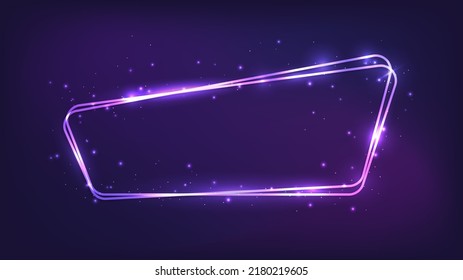Marco neón redondeado con efectos brillantes y destellos sobre fondo oscuro. Fondo tecno brillante vacío. Ilustración del vector