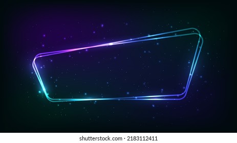 Neon rounded frame with shining effects and sparkles on dark background. Empty glowing techno backdrop. Vector illustration