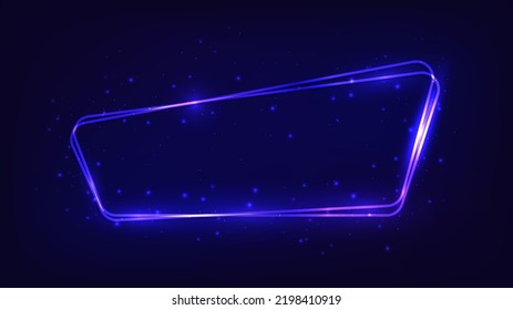 Marco neón redondeado con efectos brillantes y destellos sobre fondo oscuro. Fondo tecno brillante vacío. Ilustración del vector