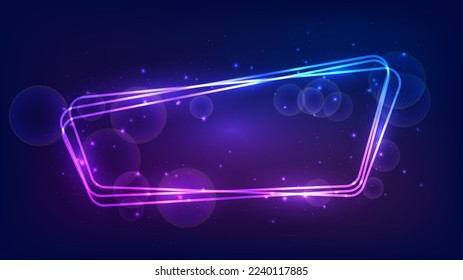 Neon rounded frame with shining effects and sparkles on dark background. Empty glowing techno backdrop. Vector illustration