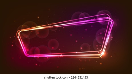 Neon rounded frame with shining effects and sparkles on dark background. Empty glowing techno backdrop. Vector illustration