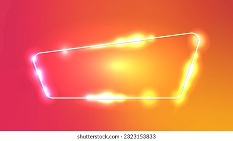Marco neón redondeado con efectos brillantes sobre el fondo naranja. Fondo tecno brillante vacío. Ilustración del vector