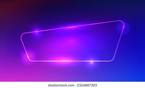 Marco neón redondeado con efectos brillantes sobre el fondo morado oscuro. Fondo tecno brillante vacío. Ilustración del vector