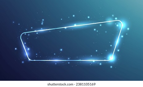Marco neón redondeado con efectos brillantes y destellos sobre fondo azul oscuro. Fondo tecno brillante vacío. Ilustración del vector