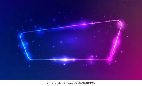 Neon rounded frame with shining effects and sparkles on dark purple background. Empty glowing techno backdrop. Vector illustration